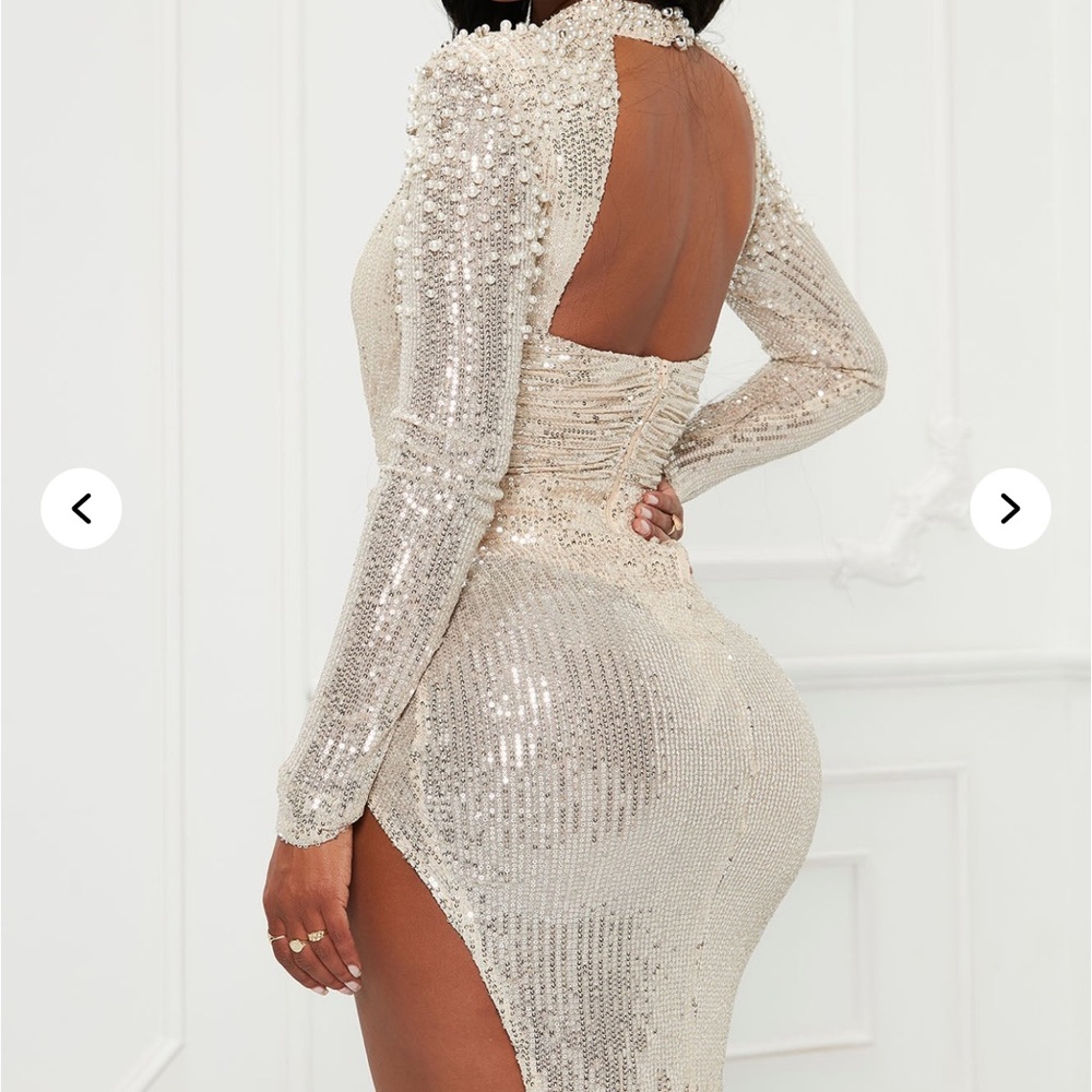 Fashion Nova Sequin Long Sleeve Dress in Cream